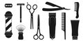 Barber and hairdresser icon set. Barbershop tools. Hair cut instruments with retro razor, comb or brush. Royalty Free Stock Photo